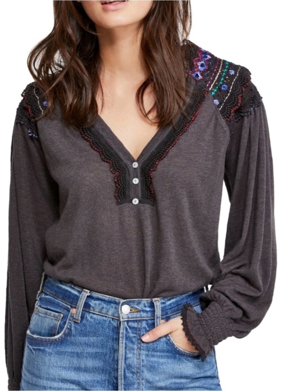 Free People Charcoal Embroidered V-Neck Long Sleeve Top